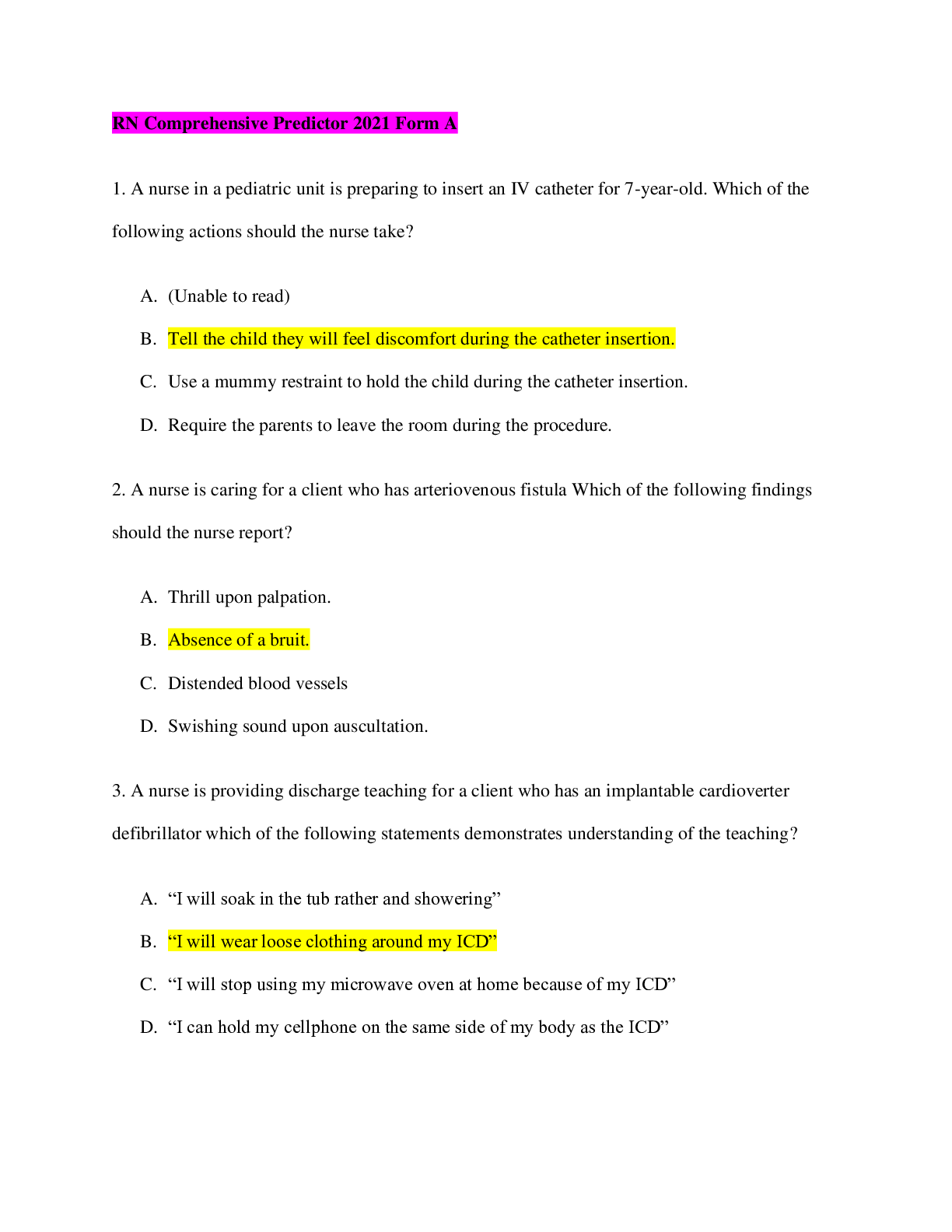 Preview of RN Comprehensive Predictor Form A2 Questions and Answers (latest Update), 100% Correct, Do